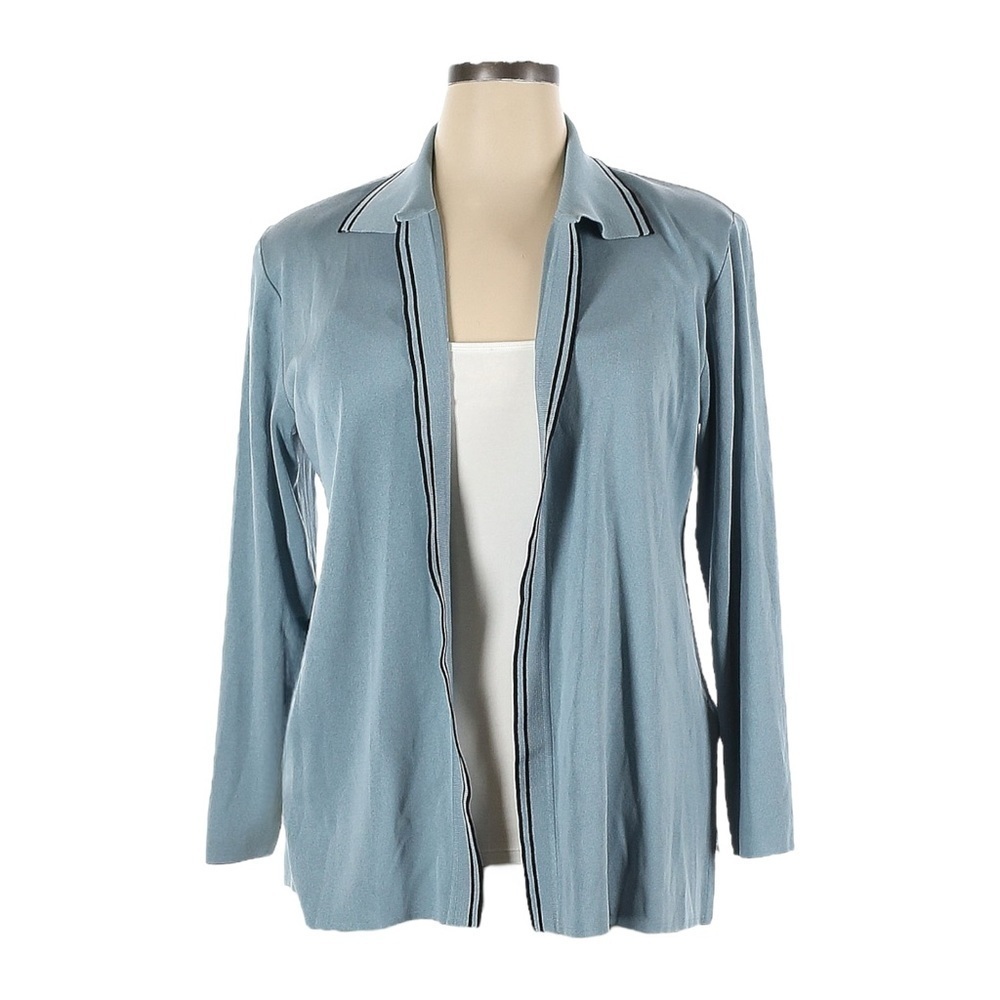 Misook Exclusively Blue Collared Open Cardigan Sweater Size L Long Sleeve